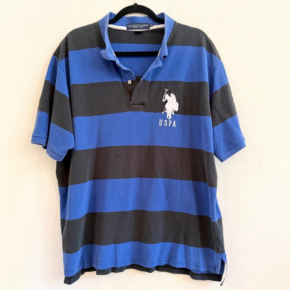 US Polo Assn‎ Mens Y2K Striped Rugby Polo Short Sleeve Cotton Shirt Logo Preppy